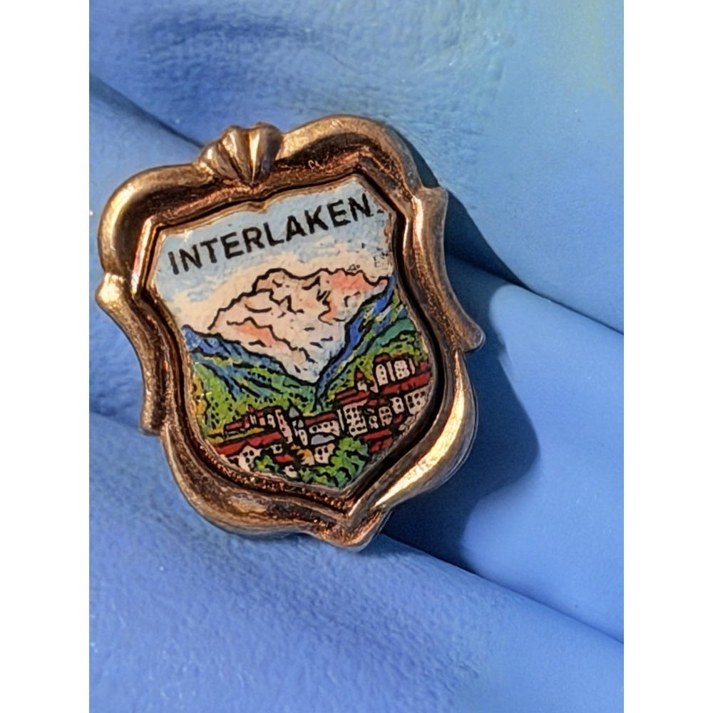 Vintage Interlaken Switzerland Enamel Souvenir Pin Brooch Alpine Scene